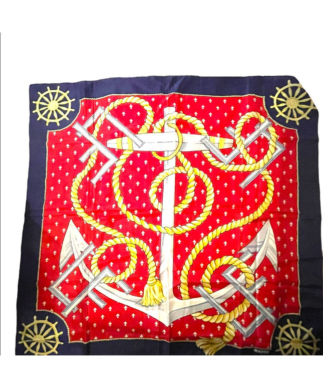 Vintage 1980s Leslie Fay Nautical rope ships anchor wheel SILK Scarf