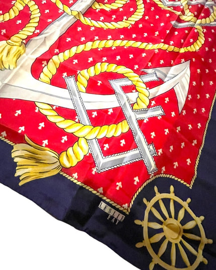 Vintage 1980s Leslie Fay Nautical rope ships anchor wheel SILK Scarf