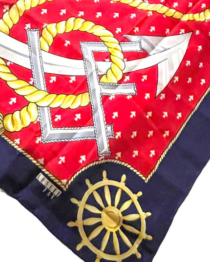 Vintage 1980s Leslie Fay Nautical rope ships anchor wheel SILK Scarf