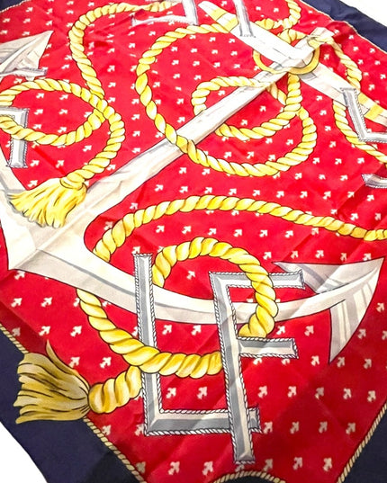 Vintage 1980s Leslie Fay Nautical rope ships anchor wheel SILK Scarf