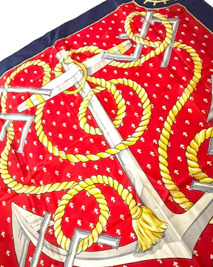 Vintage 1980s Leslie Fay Nautical rope ships anchor wheel SILK Scarf