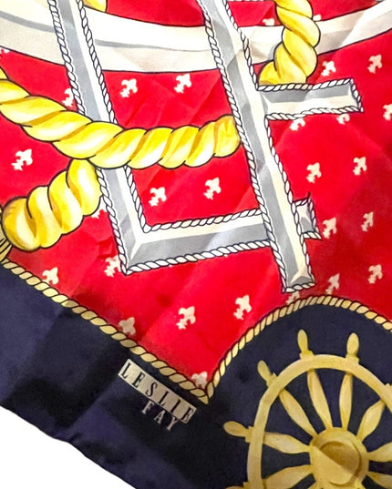 Vintage 1980s Leslie Fay Nautical rope ships anchor wheel SILK Scarf