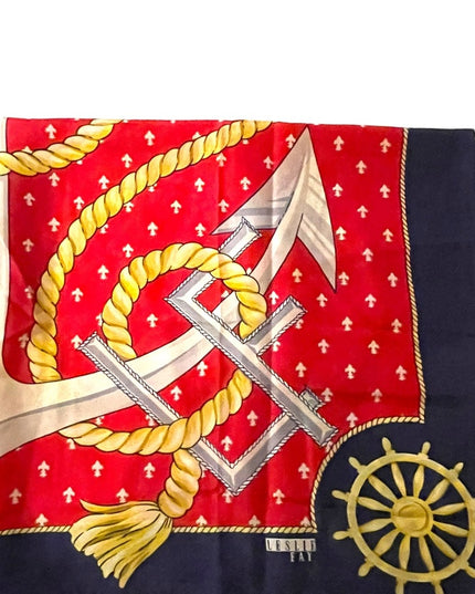 Vintage 1980s Leslie Fay Nautical rope ships anchor wheel SILK Scarf