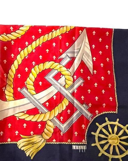 Vintage 1980s Leslie Fay Nautical rope ships anchor wheel SILK Scarf