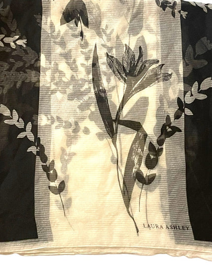 Laura Ashley Italy Made Sheer black cream floral flower Poly scarf