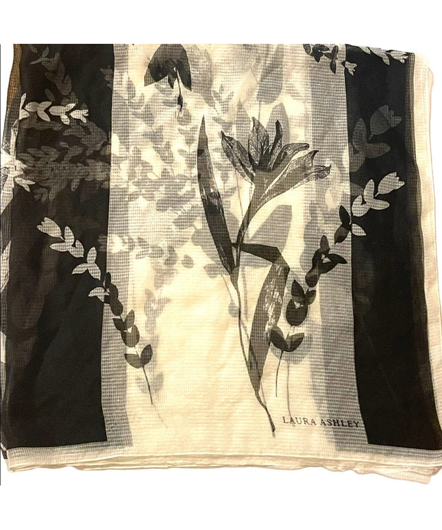 Laura Ashley Italy Made Sheer black cream floral flower Poly scarf
