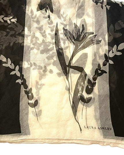 Laura Ashley Italy Made Sheer black cream floral flower Poly scarf