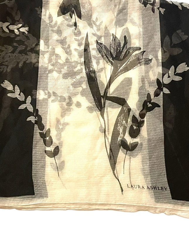 Laura Ashley Italy Made Sheer black cream floral flower Poly scarf