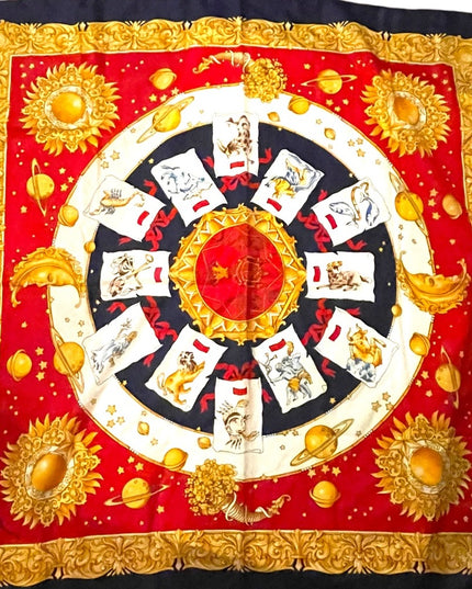 Vintage 1980s Poly Zodiac Scarf large gold magestic moons stars print