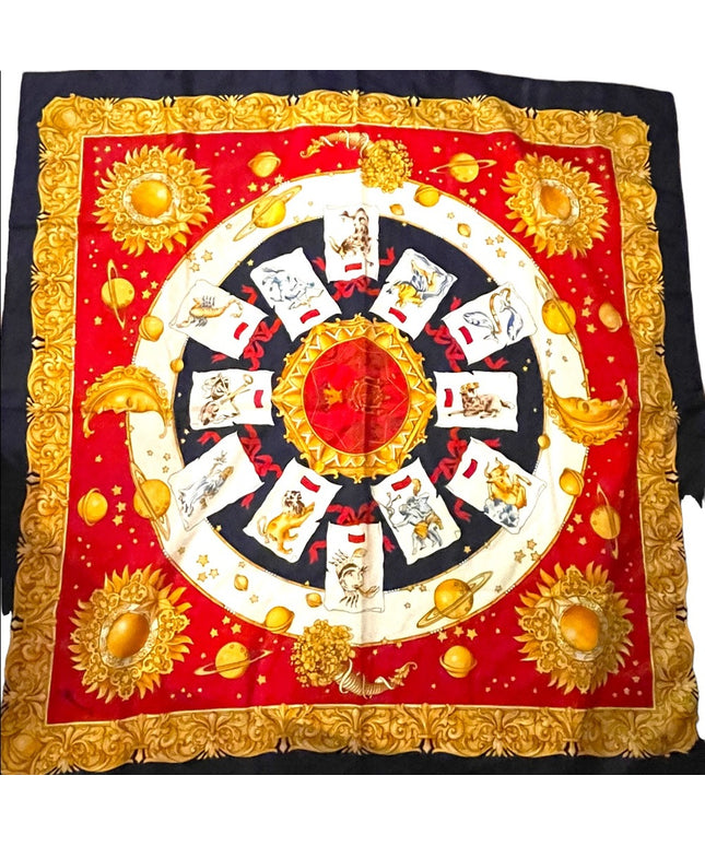 Vintage 1980s Poly Zodiac Scarf large gold magestic moons stars print