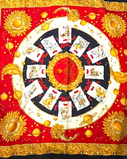 Vintage 1980s Poly Zodiac Scarf large gold magestic moons stars print