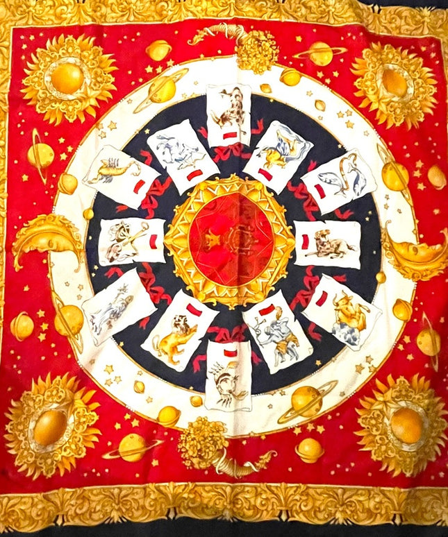 Vintage 1980s Poly Zodiac Scarf large gold magestic moons stars print