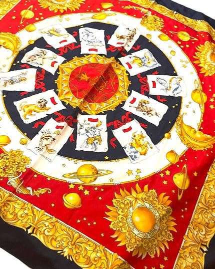 Vintage 1980s Poly Zodiac Scarf large gold magestic moons stars print