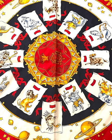Vintage 1980s Poly Zodiac Scarf large gold magestic moons stars print
