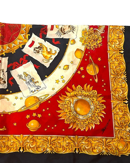 Vintage 1980s Poly Zodiac Scarf large gold magestic moons stars print