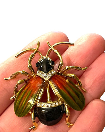 Vintage 1990s Jeweled enameled beetle bug insect rhinestones LG brooch