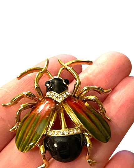 Vintage 1990s Jeweled enameled beetle bug insect rhinestones LG brooch