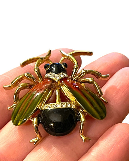 Vintage 1990s Jeweled enameled beetle bug insect rhinestones LG brooch
