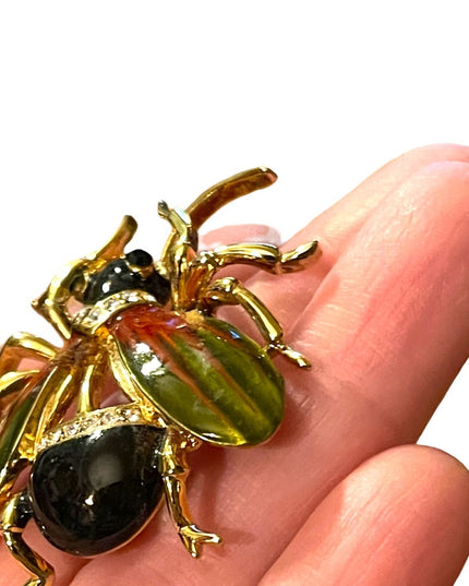 Vintage 1990s Jeweled enameled beetle bug insect rhinestones LG brooch