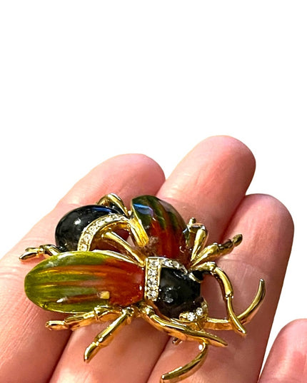 Vintage 1990s Jeweled enameled beetle bug insect rhinestones LG brooch
