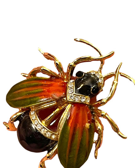Vintage 1990s Jeweled enameled beetle bug insect rhinestones LG brooch