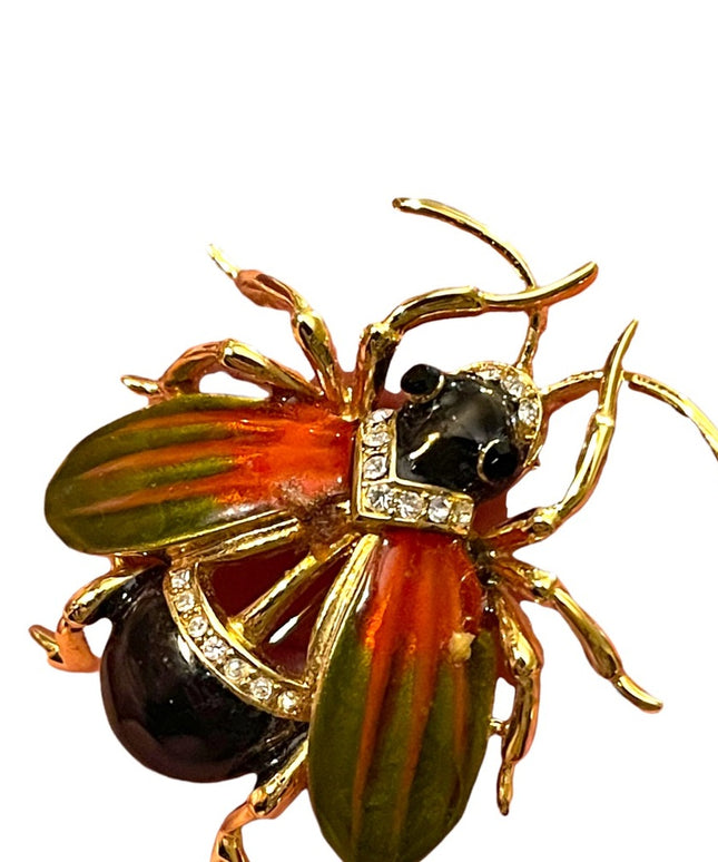 Vintage 1990s Jeweled enameled beetle bug insect rhinestones LG brooch