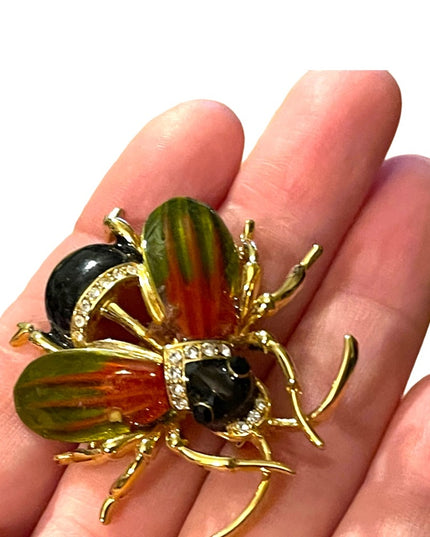 Vintage 1990s Jeweled enameled beetle bug insect rhinestones LG brooch