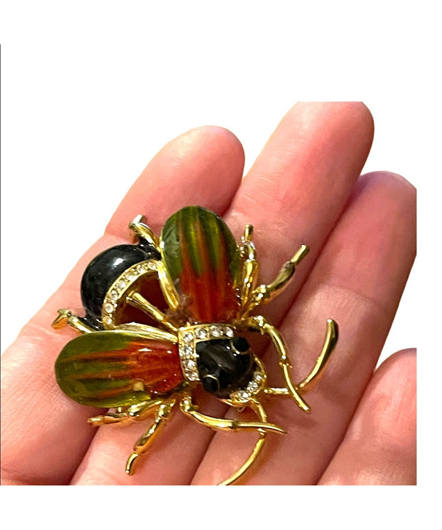 Vintage 1990s Jeweled enameled beetle bug insect rhinestones LG brooch