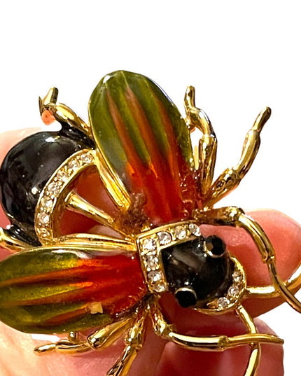 Vintage 1990s Jeweled enameled beetle bug insect rhinestones LG brooch