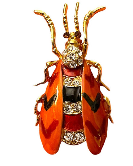 Vintage enameled insect Bug bee rhinestone crystal jeweled brooch gold finish