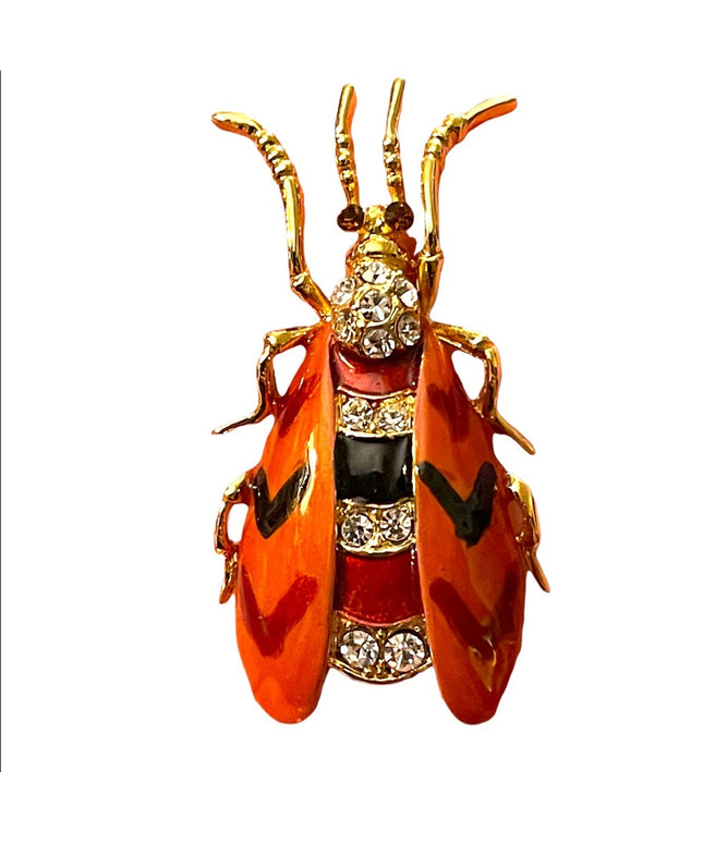 Vintage enameled insect Bug bee rhinestone crystal jeweled brooch gold finish