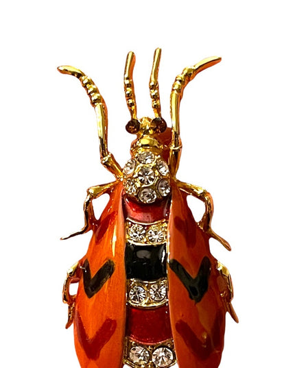 Vintage enameled insect Bug bee rhinestone crystal jeweled brooch gold finish