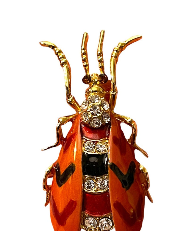 Vintage enameled insect Bug bee rhinestone crystal jeweled brooch gold finish
