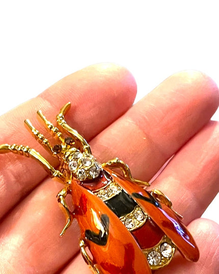 Vintage enameled insect Bug bee rhinestone crystal jeweled brooch gold finish