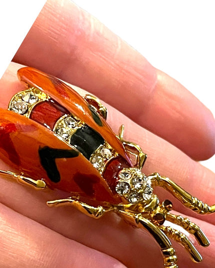 Vintage enameled insect Bug bee rhinestone crystal jeweled brooch gold finish