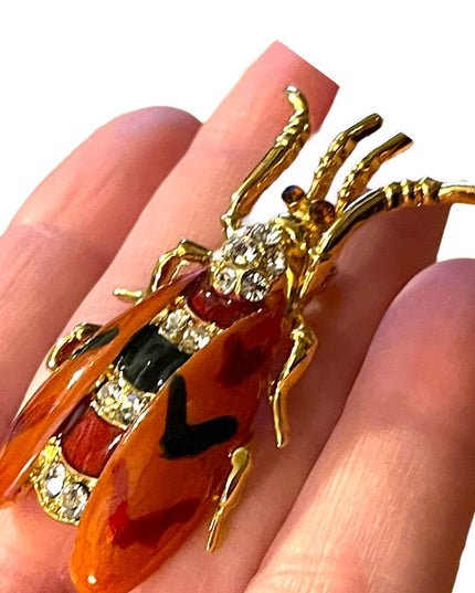 Vintage enameled insect Bug bee rhinestone crystal jeweled brooch gold finish