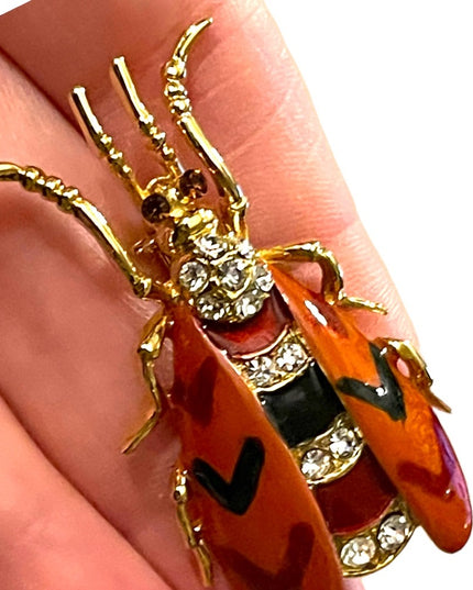 Vintage enameled insect Bug bee rhinestone crystal jeweled brooch gold finish