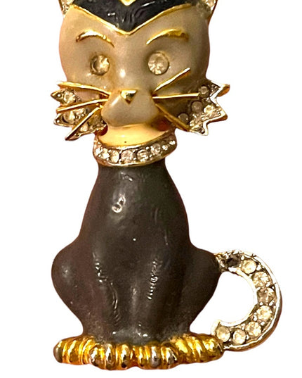 Vintage 1980s Enameled thinstone crystal gold finish kitty cat brooch gray