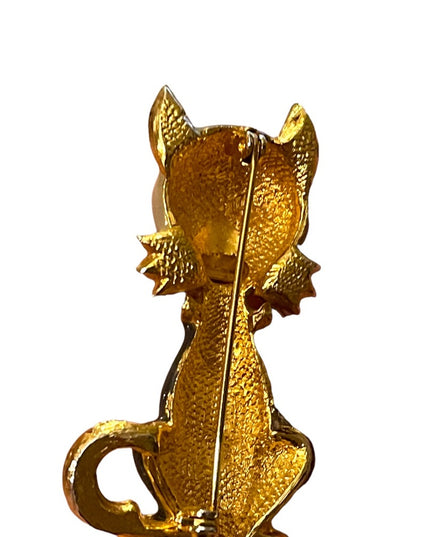 Vintage 1980s Enameled thinstone crystal gold finish kitty cat brooch gray