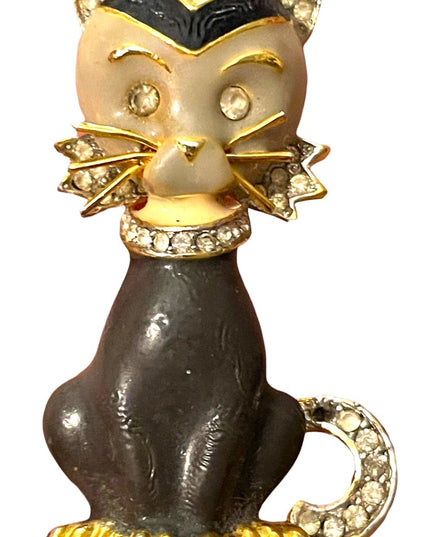 Vintage 1980s Enameled thinstone crystal gold finish kitty cat brooch gray