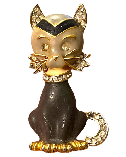 Vintage 1980s Enameled thinstone crystal gold finish kitty cat brooch gray