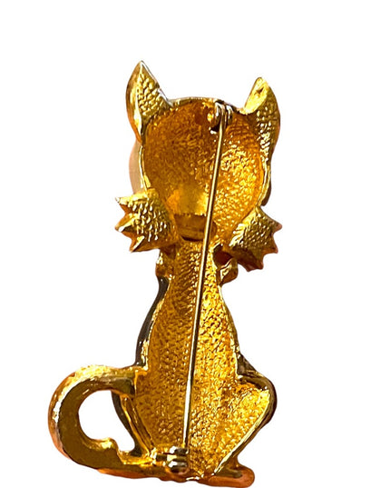 Vintage 1980s Enameled thinstone crystal gold finish kitty cat brooch gray