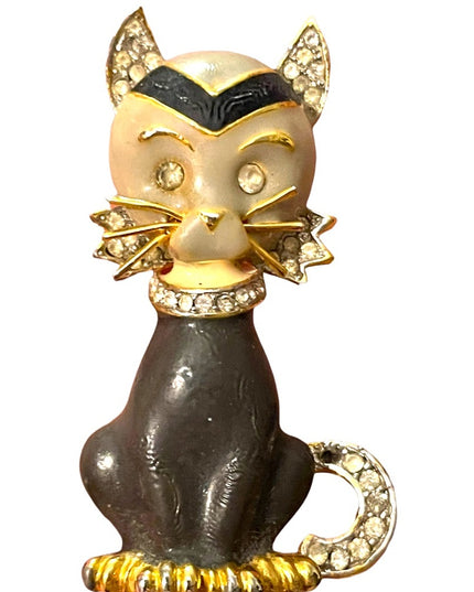 Vintage 1980s Enameled thinstone crystal gold finish kitty cat brooch gray