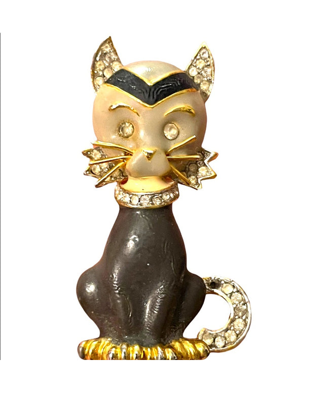 Vintage 1980s Enameled thinstone crystal gold finish kitty cat brooch gray
