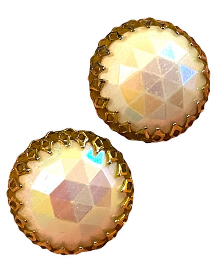 Vintage 1950s Triad Gold finish AB faceted chunky glass crystal clip on earrings