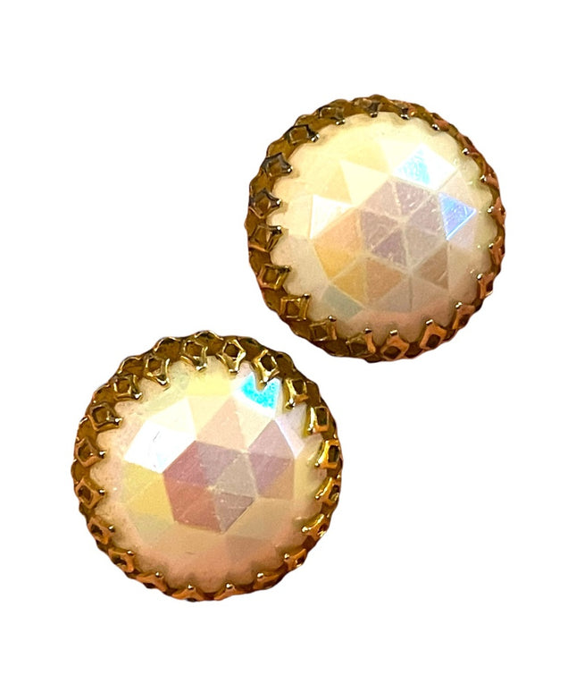 Vintage 1950s Triad Gold finish AB faceted chunky glass crystal clip on earrings