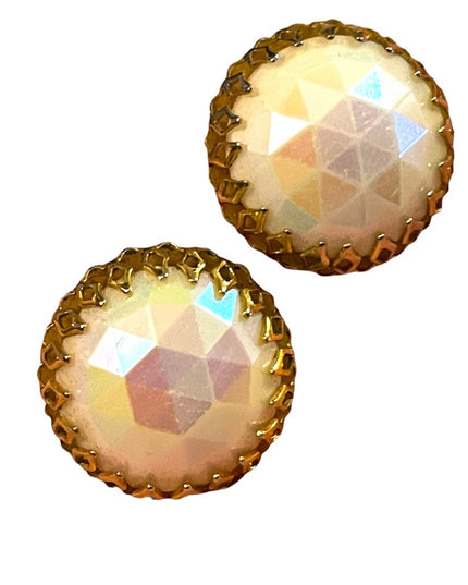 Vintage 1950s Triad Gold finish AB faceted chunky glass crystal clip on earrings