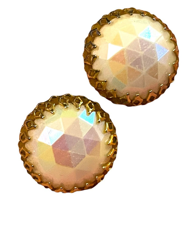 Vintage 1950s Triad Gold finish AB faceted chunky glass crystal clip on earrings