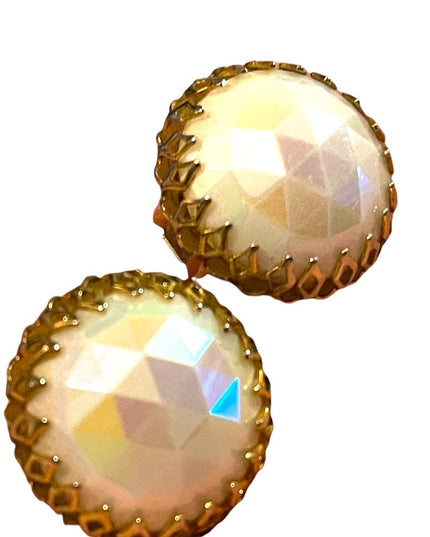 Vintage 1950s Triad Gold finish AB faceted chunky glass crystal clip on earrings