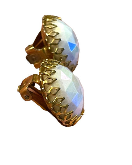 Vintage 1950s Triad Gold finish AB faceted chunky glass crystal clip on earrings